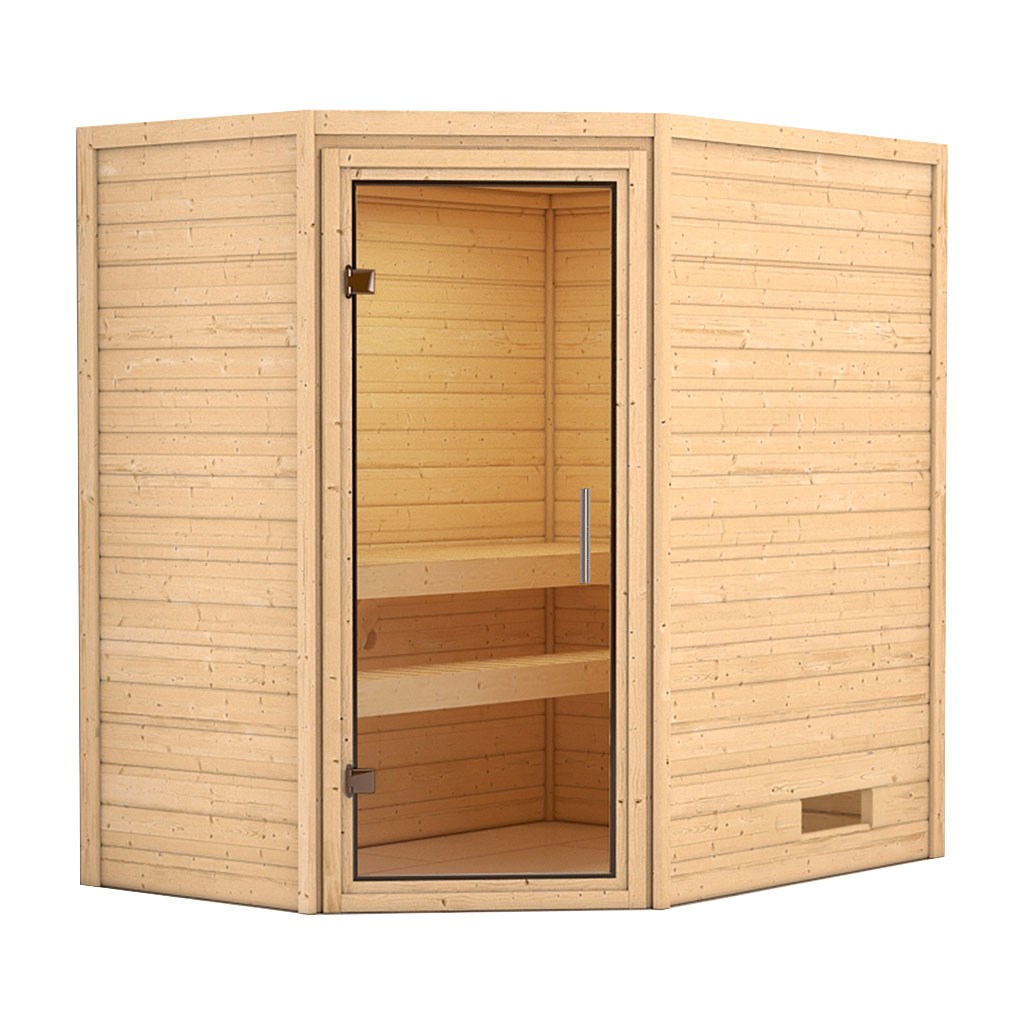 Karibu Plug&Play Sauna Cilja - 196 x 146 cm, 38 mm Massivholzsauna, ohne Kranz|Tür Klarglas|ohne Ofen