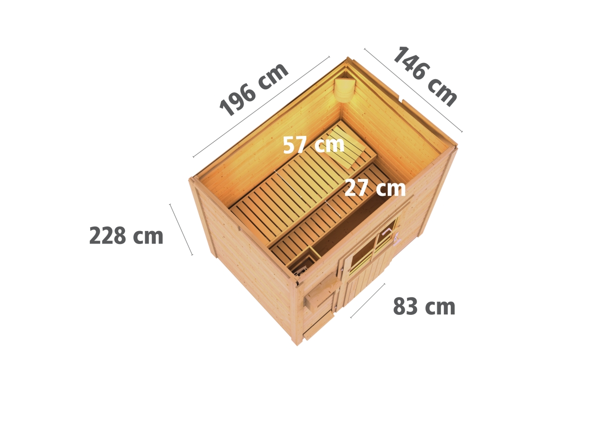 Karibu Saunahaus Jana 196 x 146 cm, 38 mm WOODfeeling, naturbelassen|ohne Ofen