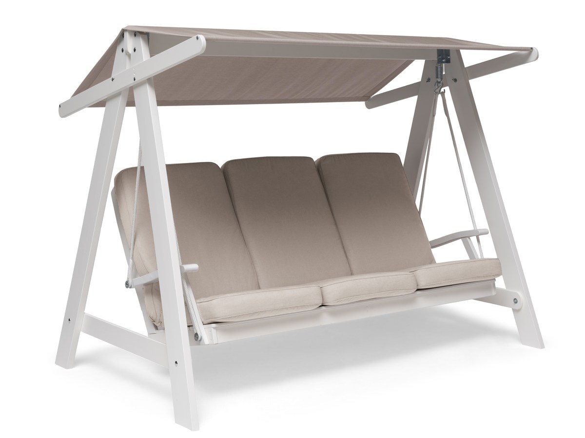Aspö Hollywoodschaukel aus Holz weiß mit Dach und Kissen beige
