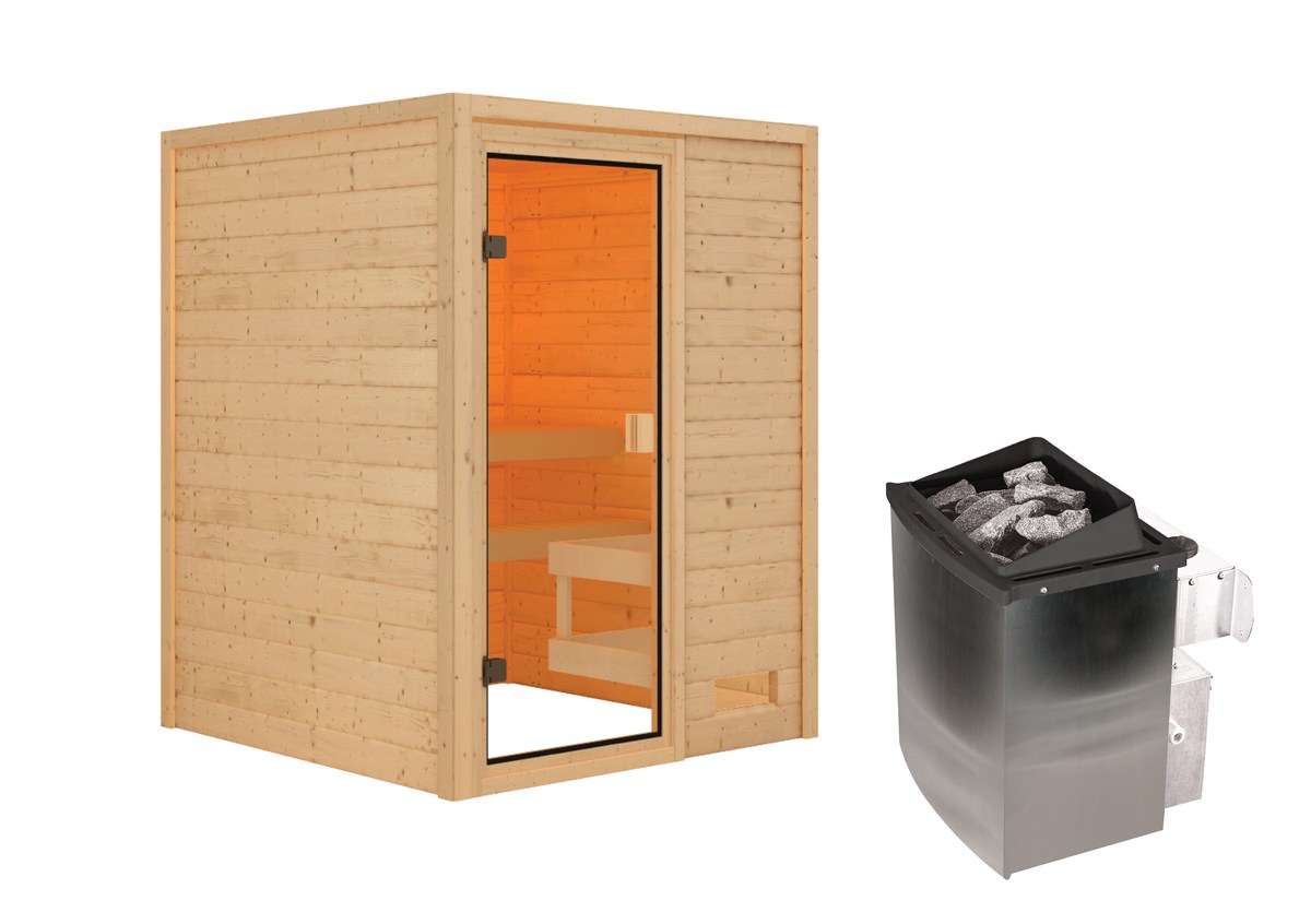 Aktionssauna Valida 1 - 145x145 cm, 38 mm Massivholz|Fronteinstieg|Set-Ofen 1