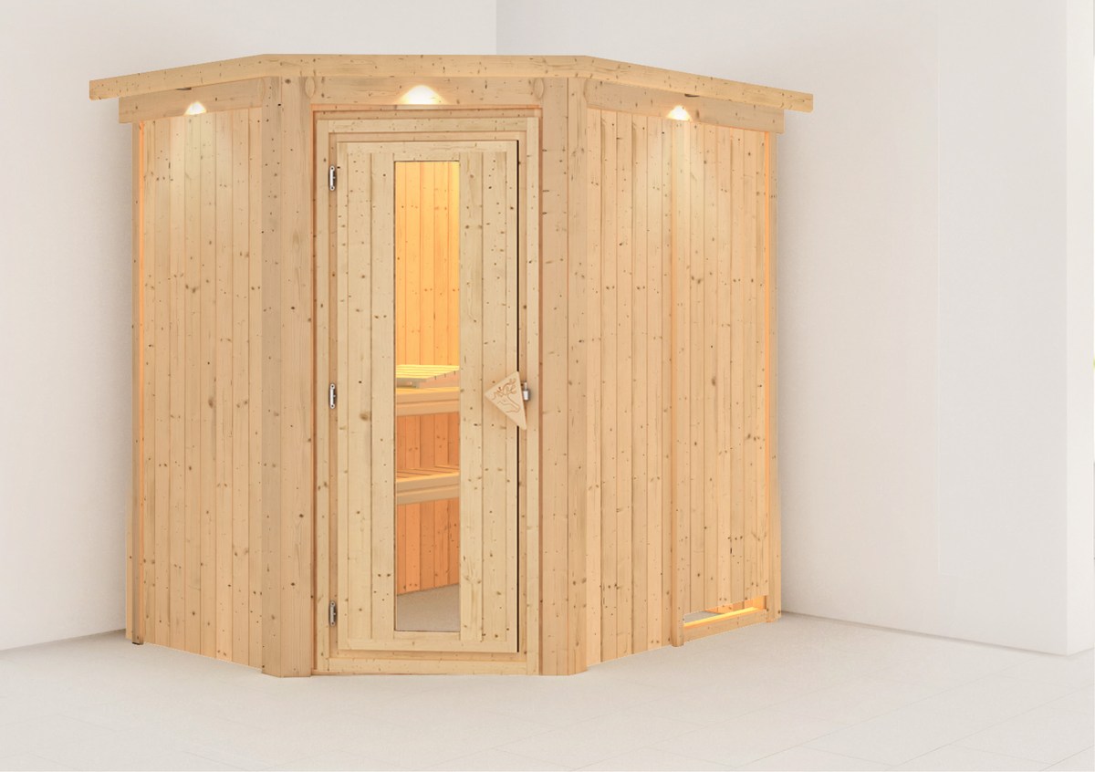 Karibu Energiespar-Sauna Caspin GREEN POWER - 196x151 cm, 68 mm Korpus mit Dachkranz|Energiespartür|ohne Ofen