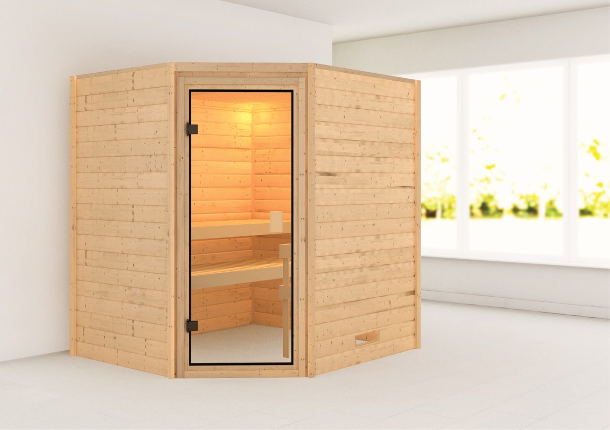 Aktionssauna Valida 3 - 195x169 cm, 38 mm Massivholz, Eckeinstieg|ohne Ofen