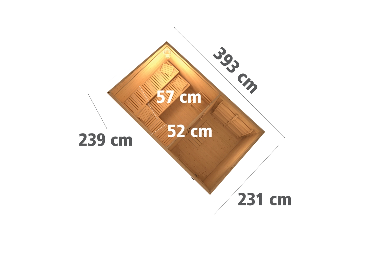 Karibu Saunahaus Suva 3, 396 x 231 cm, 38 mm WOODfeeling, naturbelassen|ohne Ofen