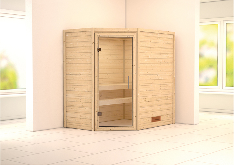 Karibu Plug&Play Sauna Cilja - 196 x 146 cm, 38 mm Massivholzsauna, ohne Kranz|Tür Klarglas|ohne Ofen