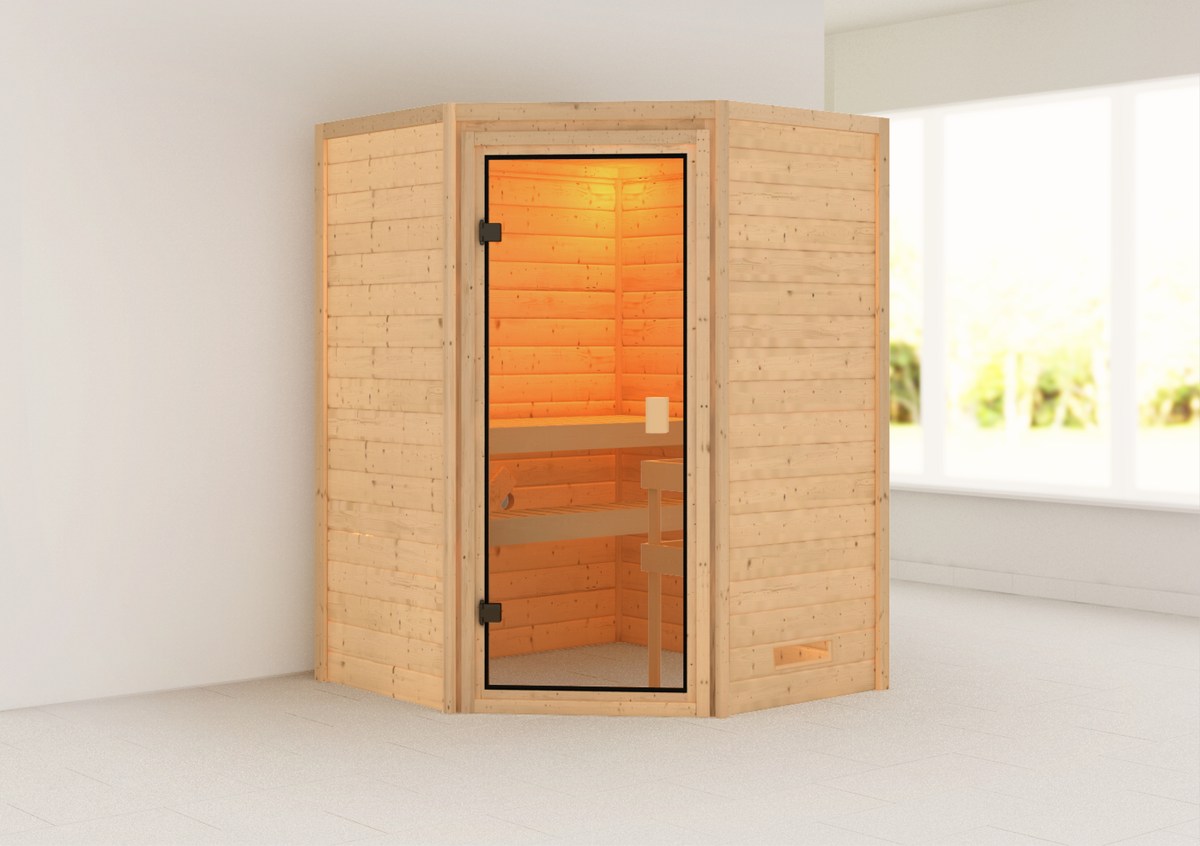 Aktionssauna Valida 1 - 145x145 cm, 38 mm Massivholz|Eckeinstieg|ohne Ofen