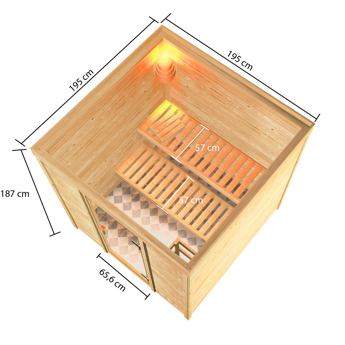Aktionssauna Valida 3 - 195x195 cm, 38 mm Massivholz, Fronteinstieg|Set-Ofen 1