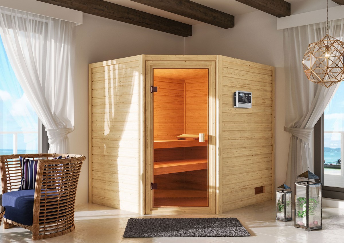 Aktionssauna Valida 3 - 195x169 cm, 38 mm Massivholz, Eckeinstieg|Set-Ofen 3