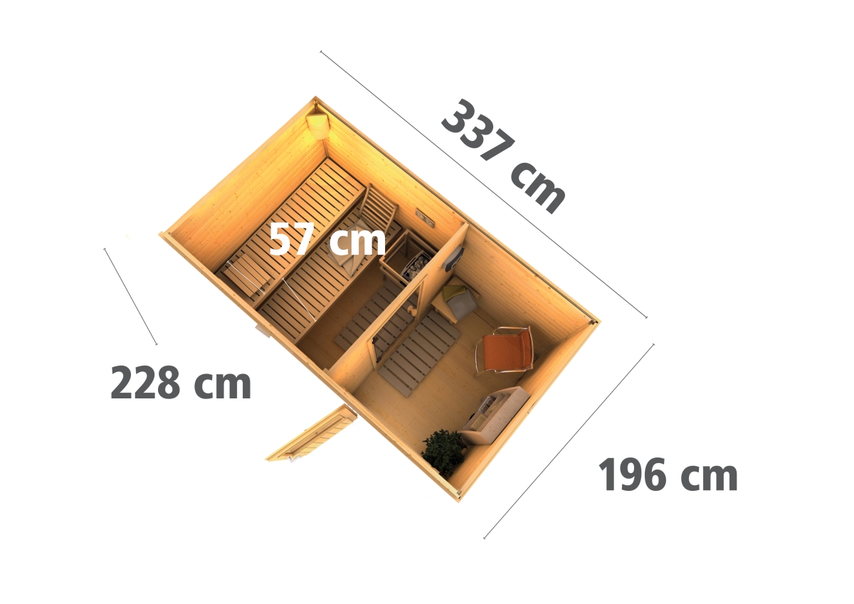 Karibu Saunahaus Suva 1, 336 x 196 cm, 38 mm WOODfeeling, naturbelassen|ohne Ofen