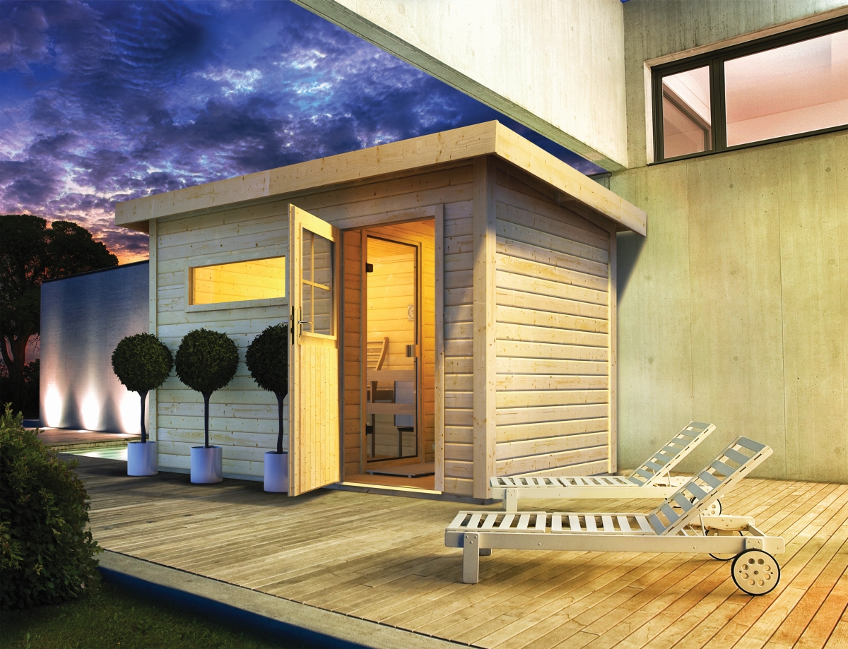 Karibu Saunahaus Suva 1, 336 x 196 cm, 38 mm WOODfeeling, naturbelassen|ohne Ofen