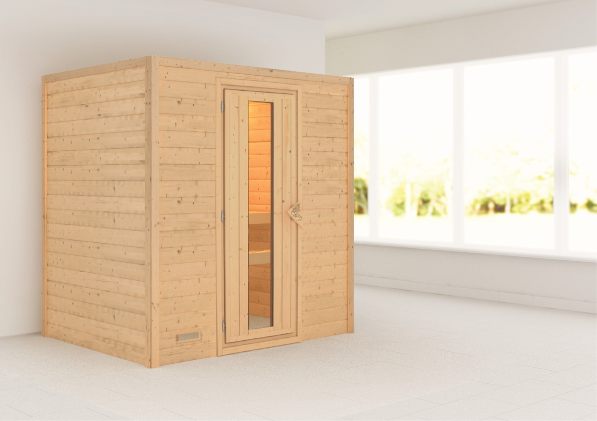 Karibu Plug&Play Sauna Ronja - 196 x 146 cm, 38 mm Massivholzsauna, ohne Kranz|Energiespartür|ohne Ofen
