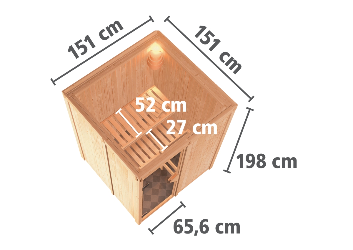 Karibu Plug & Play Sauna Minja - 151x151 cm, 68 mm Systemsauna, ohne Kranz|Energiespartür|ohne Ofen