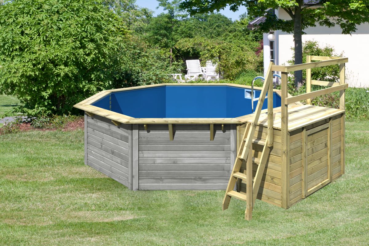 Achteck-Pool X2 470x470 cm mit Terrasse, Holz wassergrau/Folie blau, Karibu