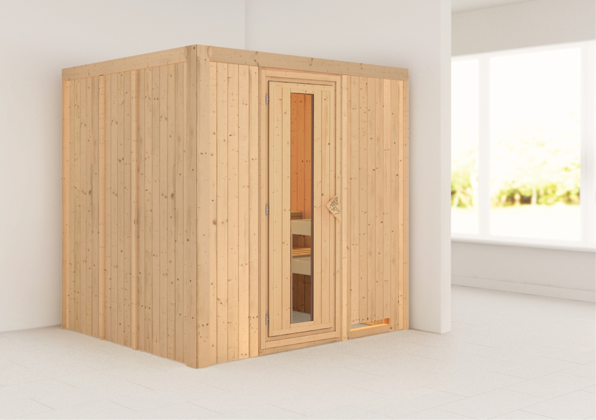 Karibu Sauna Sodin - 196x170 cm, 68 mm Systemsauna "Traditionell", o. Kranz|Energiespartür|o. Ofen