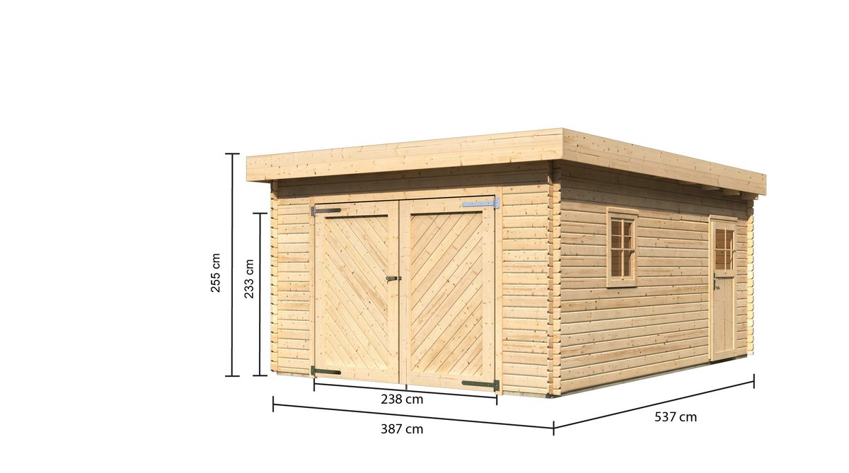 Holzgarage 28 mm Blockbohlen naturbelassen, Flachdach-Einzelgarage 387x537 cm, Karibu