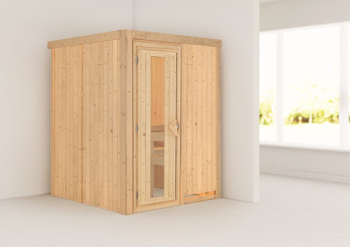 Karibu Plug & Play Sauna Minja - 151x151 cm, 68 mm Systemsauna, ohne Kranz|Energiespartür|ohne Ofen
