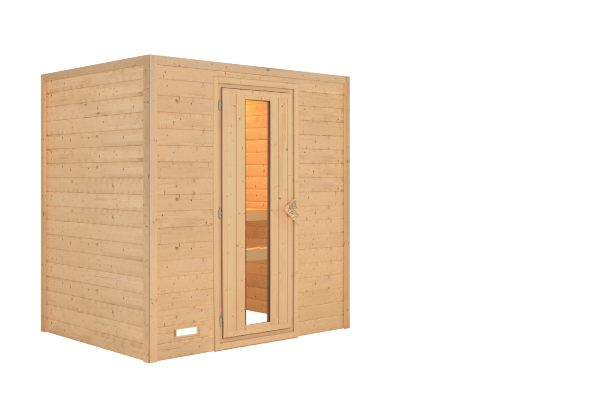 Karibu Plug&Play Sauna Ronja - 196 x 146 cm, 38 mm Massivholzsauna, ohne Kranz|Energiespartür|ohne Ofen