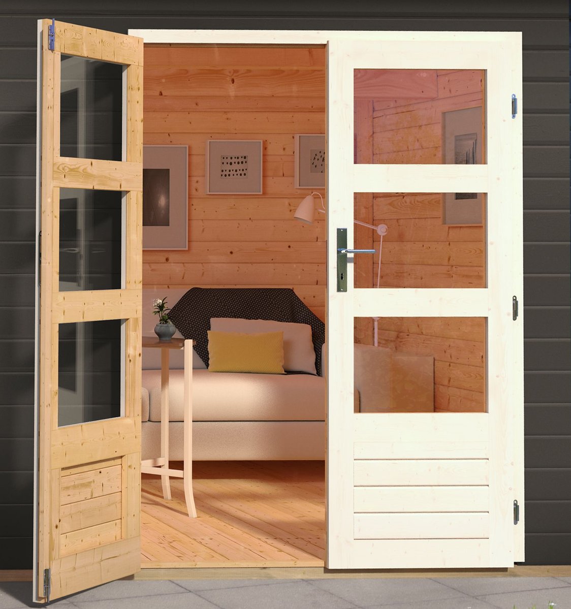 Blockbohlenhaus Trittau 5 - 669x297 cm mit Anbaudach 3,30 m, 38 mm Holz terragrau, Karibu