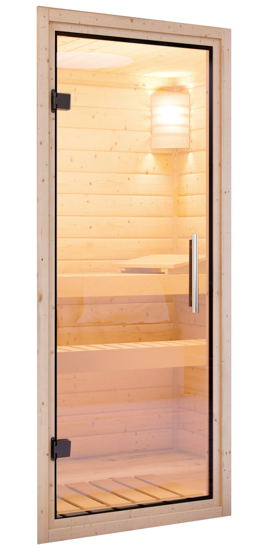 Karibu Plug&Play Sauna Cilja - 196 x 146 cm, 38 mm Massivholzsauna, ohne Kranz|Tür Klarglas|ohne Ofen