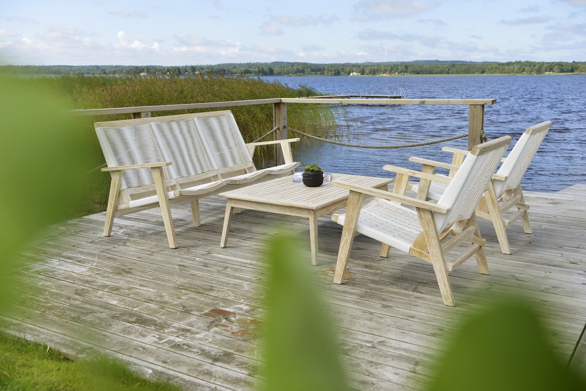 Wellington Lounge-Sessel Teak whitewashed mit Spaghettigeflecht weiß