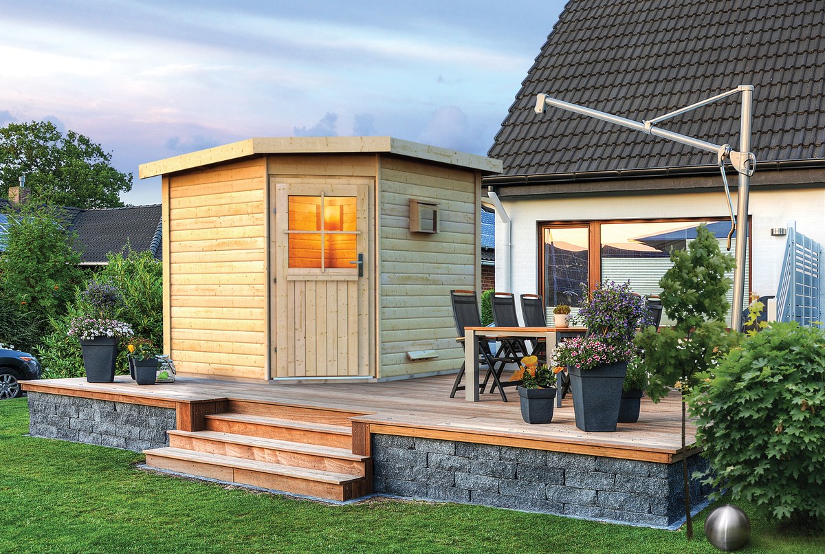 Karibu Saunahaus Hilda 231 x 231 cm, 38 mm WOODfeeling, naturbelassen|ohne Ofen