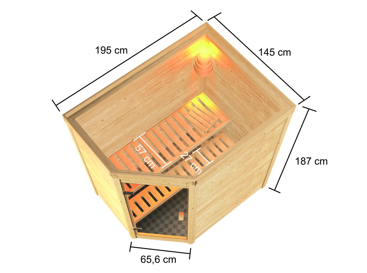 Aktionssauna Valida 2 - 195x145 cm, Eckeinstieg|ohne Fenster|ohne Ofen