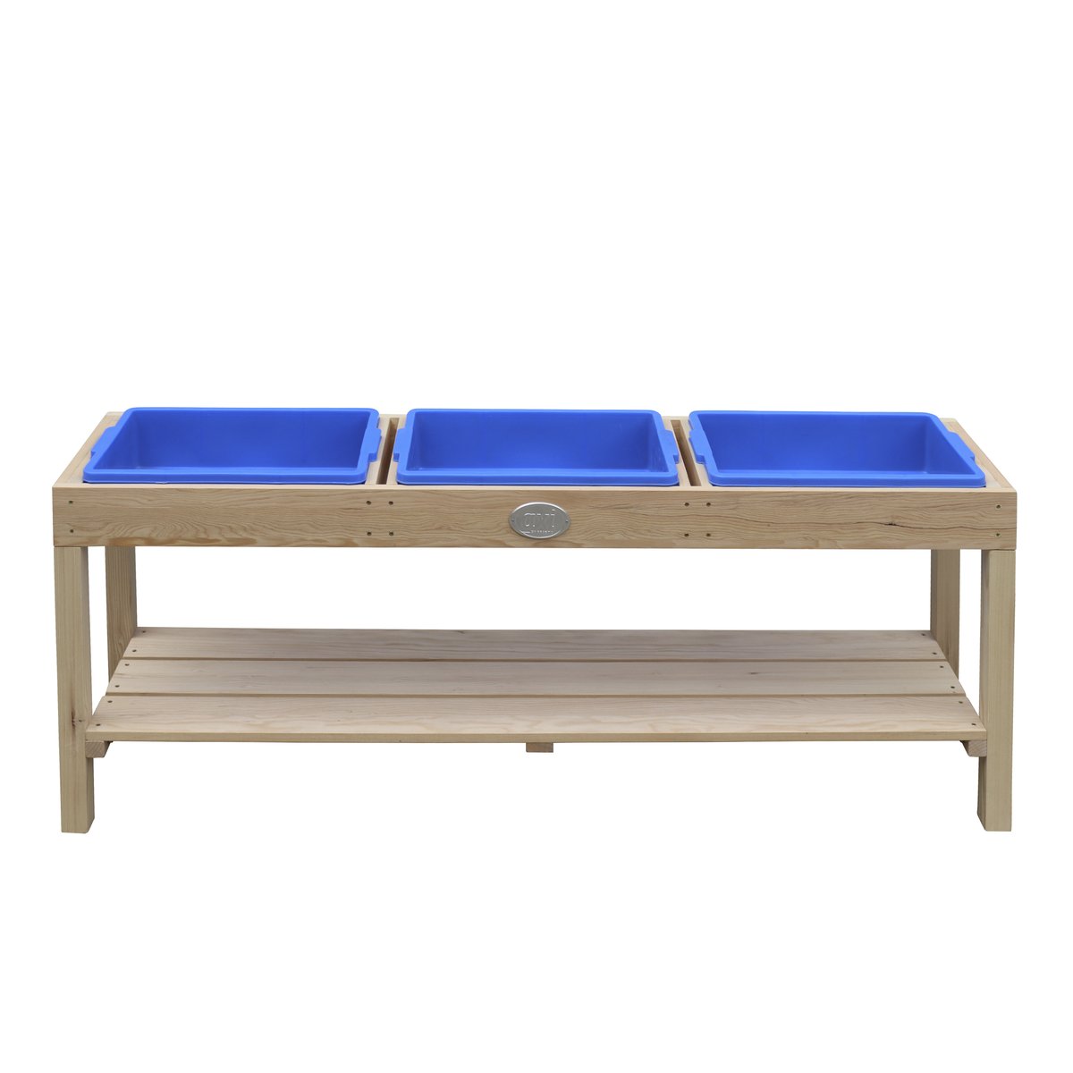 axi Activity Tisch 124x27x50 cm mit 3 blauen Behältern, naturbraun