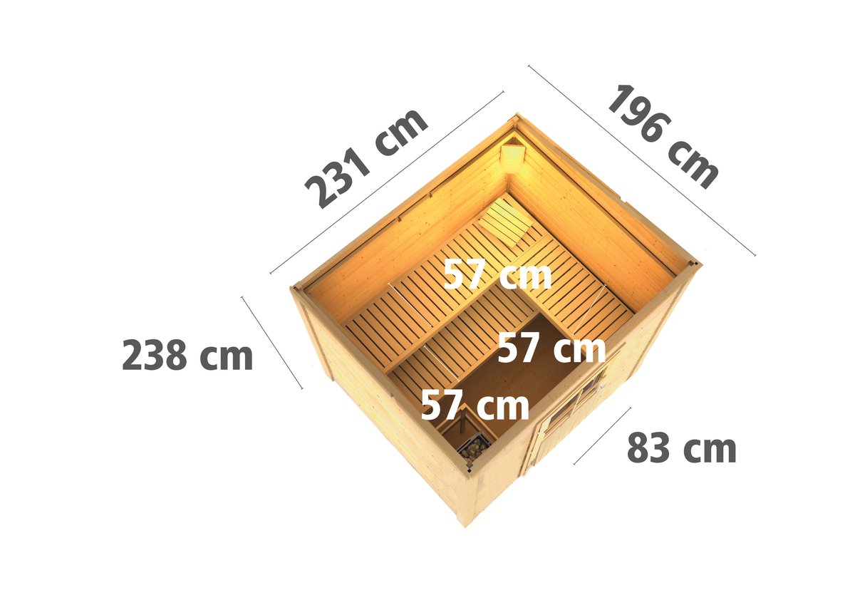Karibu Saunahaus Norge - 231 x 196 cm, 38 mm Massivholz, naturbelassen|Einflügeltür Milchglas|ohne Ofen