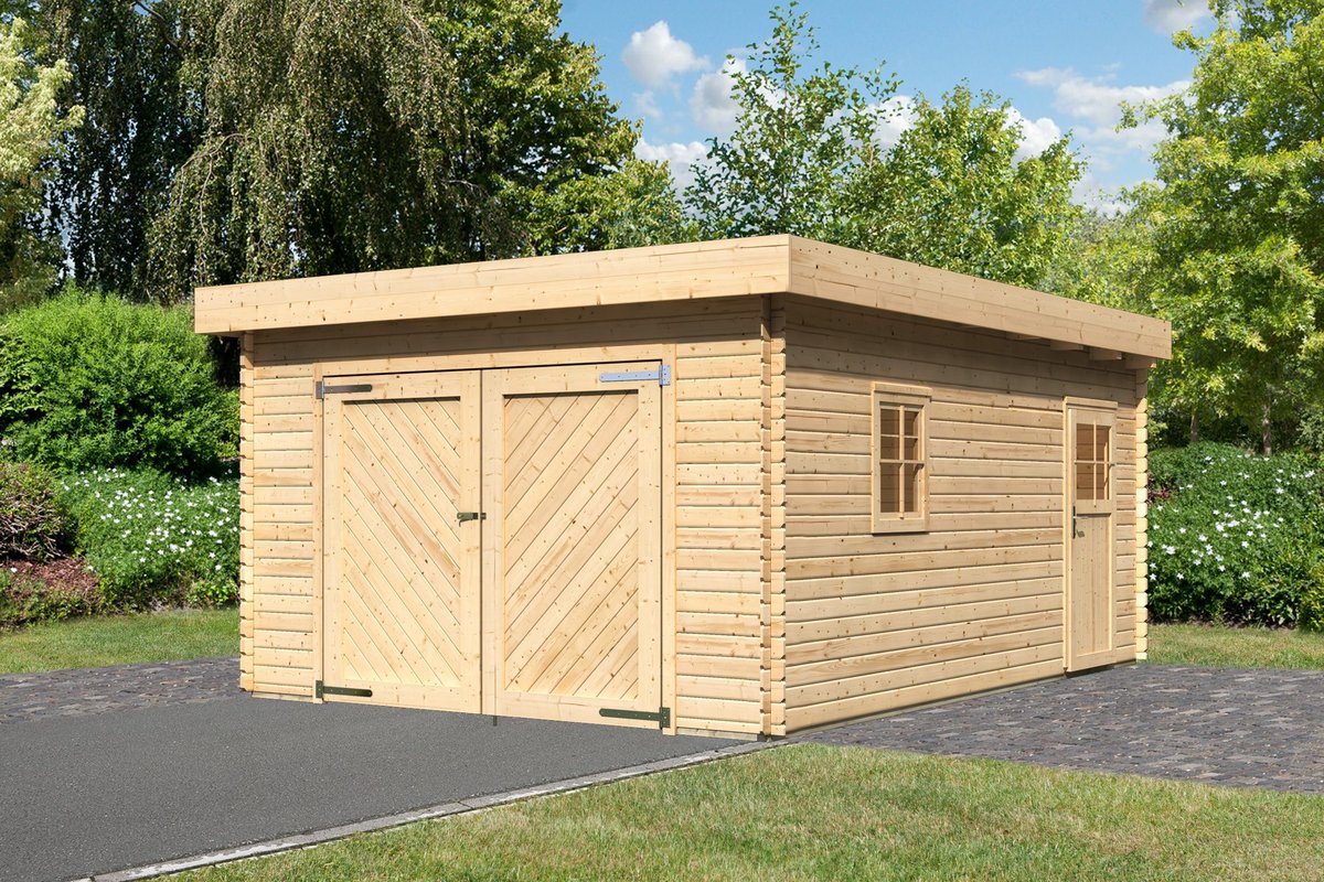 Holzgarage 28 mm Blockbohlen naturbelassen, Flachdach-Einzelgarage 387x537 cm, Karibu