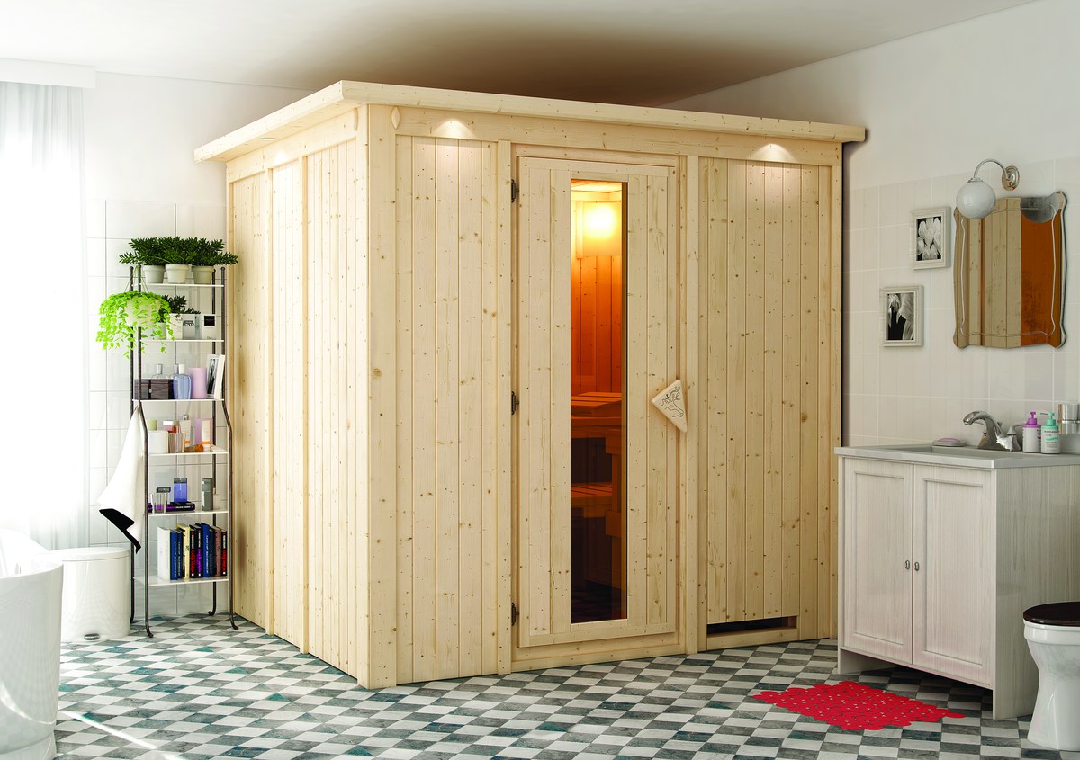 Energiesparsauna Eupin GREEN POWER - 196x170 cm, 68 mm Karibu Systemsauna mit Dachkranz|ohne Ofen