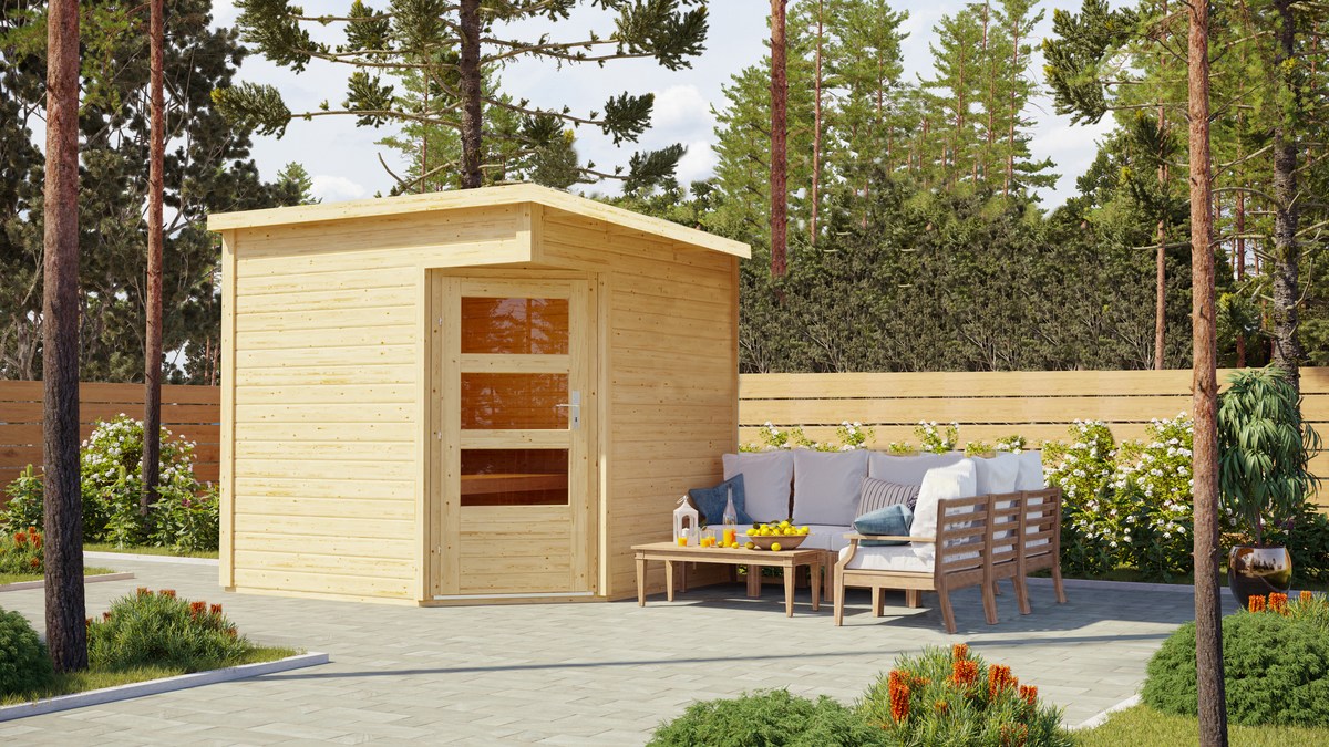 Karibu Eck-Saunahaus Pelle - 231x231 cm, 38 mm Gartensauna naturbelassen|ohne Ofen
