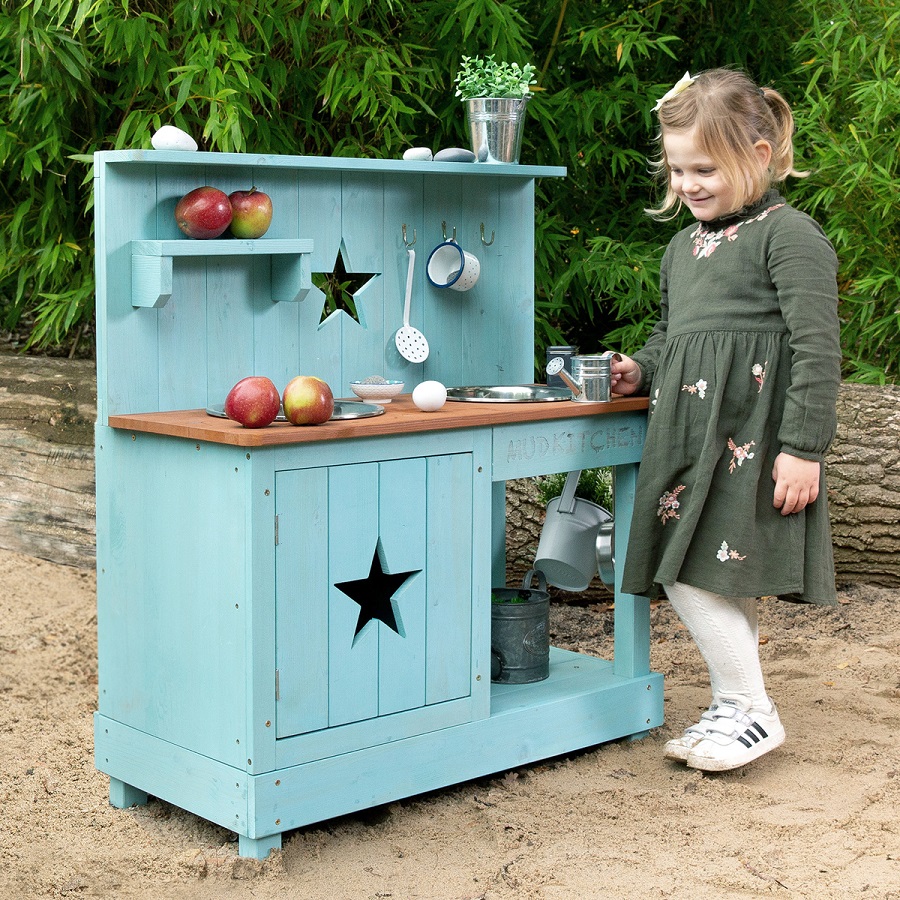Matschküche aus Holz Adventurer Star in petrolblau von MUDDY BUDDY®