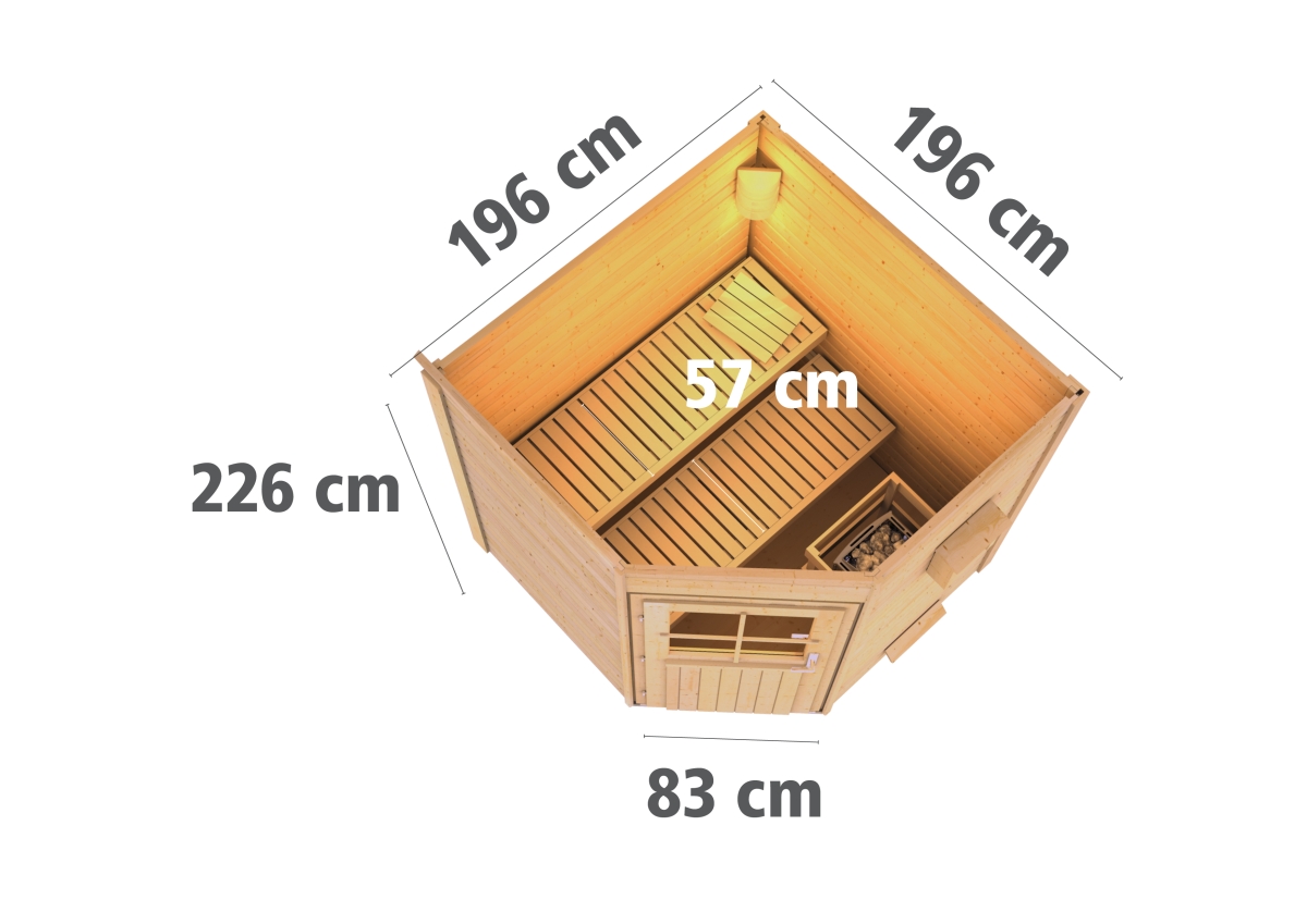 Karibu Saunahaus Pirva 196 x 196 cm, 38 mm WOODfeeling, naturbelassen|ohne Ofen