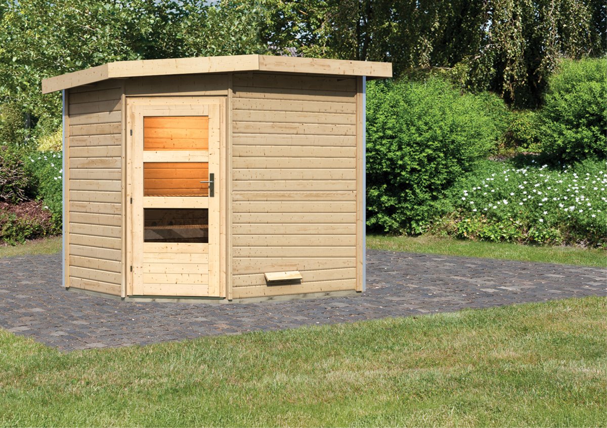 Karibu Saunahaus Mikka - 231 x 196 cm, 38 mm Massivholz, naturbelassen|Einflügeltür modern|ohne Ofen