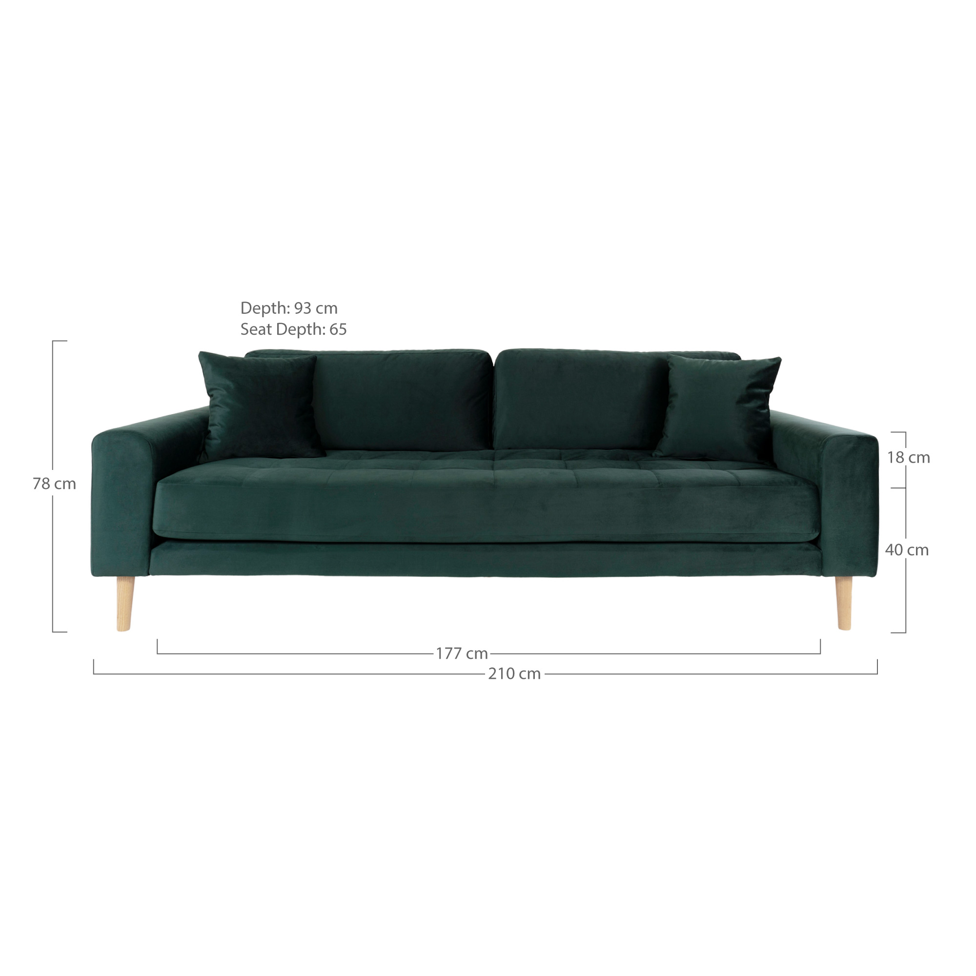 3 Sitzer Samt-Sofa - Lido, dunkelgrün mit 2 Kissen