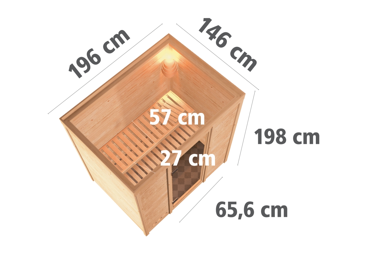 Karibu Plug&Play Sauna Ronja - 196 x 146 cm, 38 mm Massivholzsauna, ohne Kranz|Energiespartür|ohne Ofen