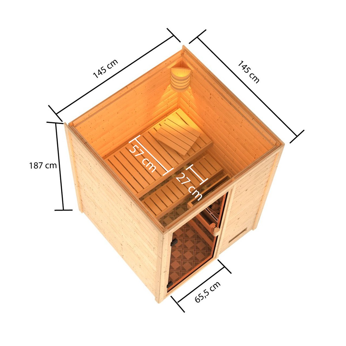 Aktionssauna Valida 1 - 145x145 cm, 38 mm Massivholz|Fronteinstieg|Set-Ofen 1