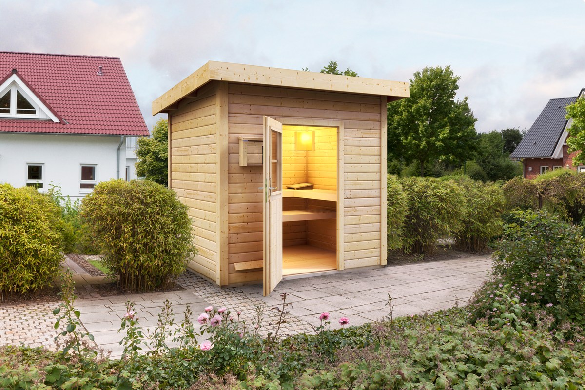Karibu Saunahaus Nella 231 x 196 cm, 38 mm WOODfeeling, naturbelassen|ohne Ofen