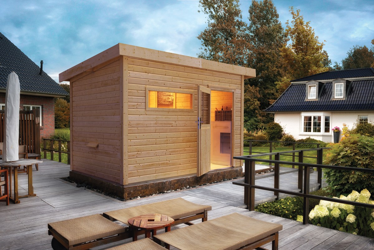 Karibu Saunahaus Suva 2, 336 x 231 cm, 38 mm WOODfeeling, naturbelassen|ohne Ofen