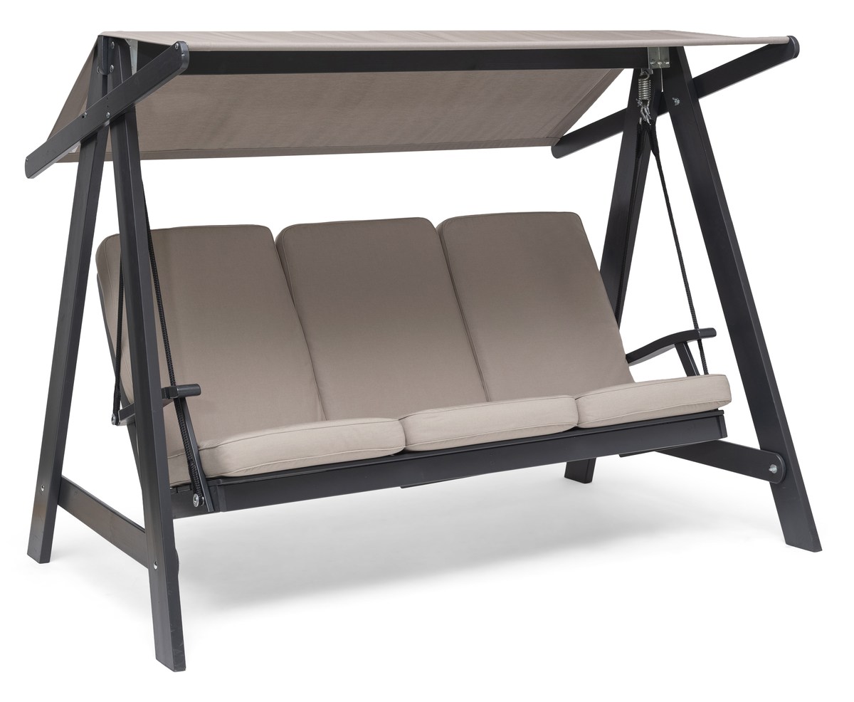 Aspö Hollywoodschaukel aus Holz orkangrau mit Dach und Kissen beige