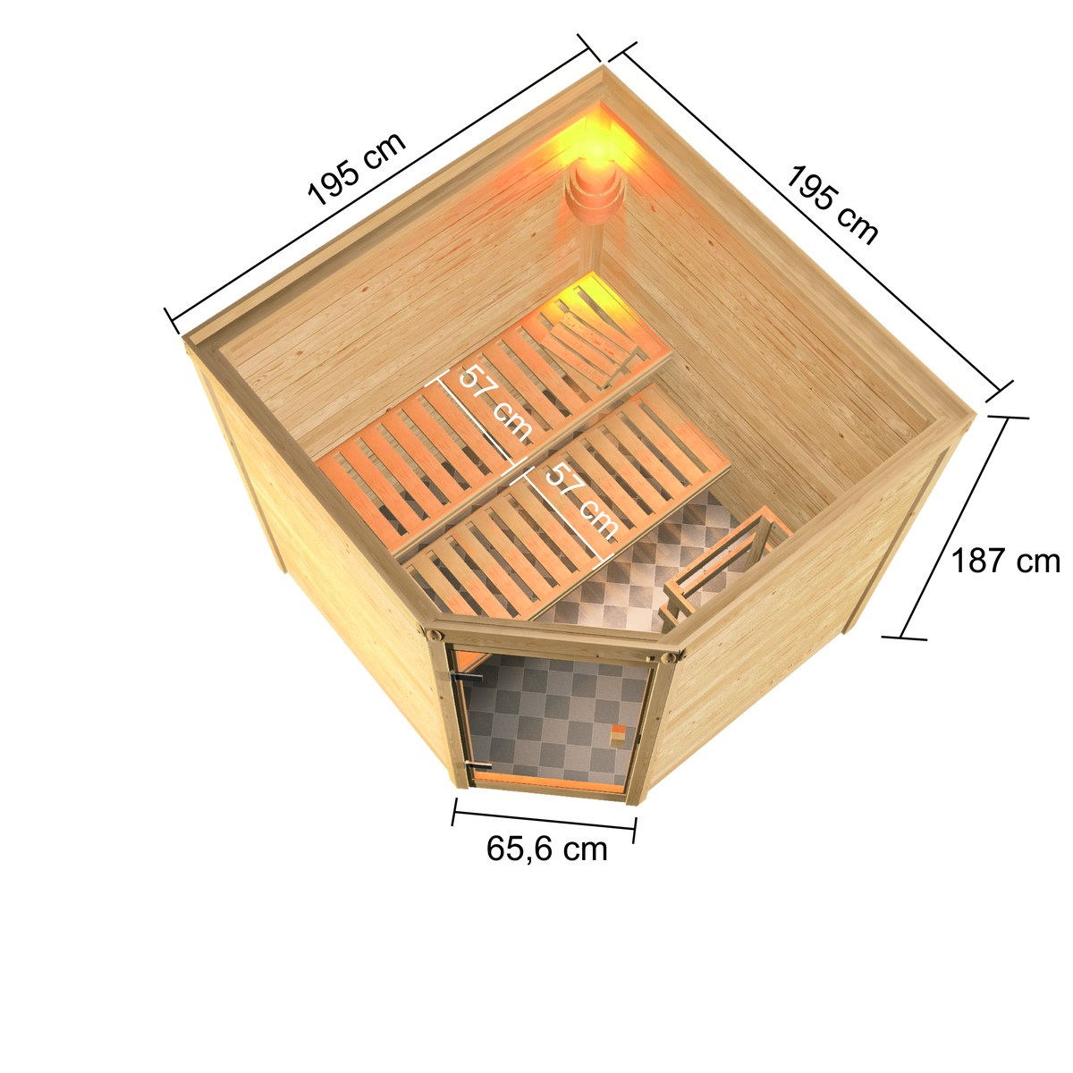Aktionssauna Valida 4 - 195x195 cm, 38 mm Massivholz, Eckeinstieg|ohne Fenster|ohne Ofen