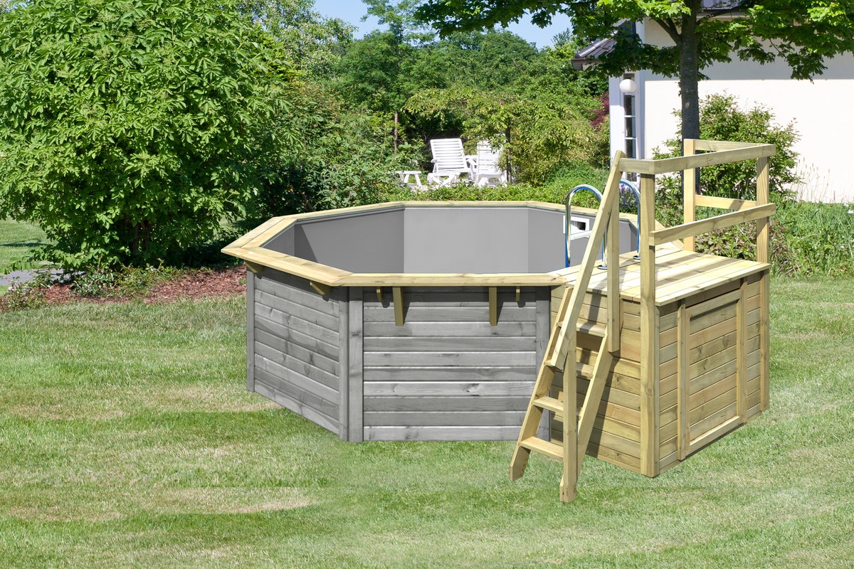 Achteck-Pool X1 400x400 cm mit Terrasse, Holz wassergrau/Folie grau, Karibu