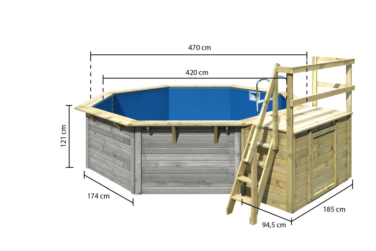 Achteck-Pool X2 470x470 cm mit Terrasse, Holz wassergrau/Folie blau, Karibu