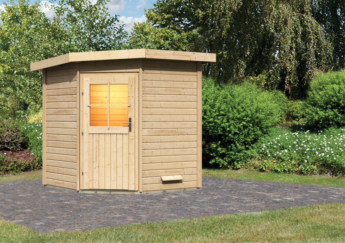 Karibu Saunahaus Pirva 196 x 196 cm, 38 mm WOODfeeling, naturbelassen|ohne Ofen