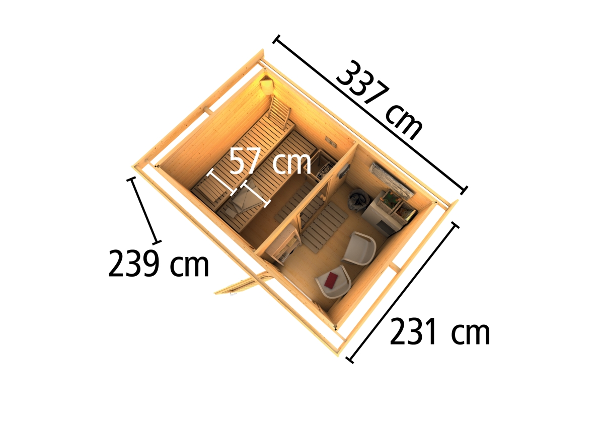 Karibu Saunahaus Suva 2, 336 x 231 cm, 38 mm WOODfeeling, naturbelassen|ohne Ofen
