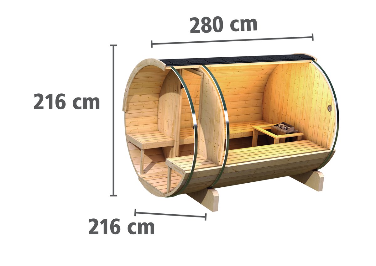 Karibu Fasssauna 2 - 205 x 273 cm, 42/28 mm Massivholz-Saunafass, ohne Ofen