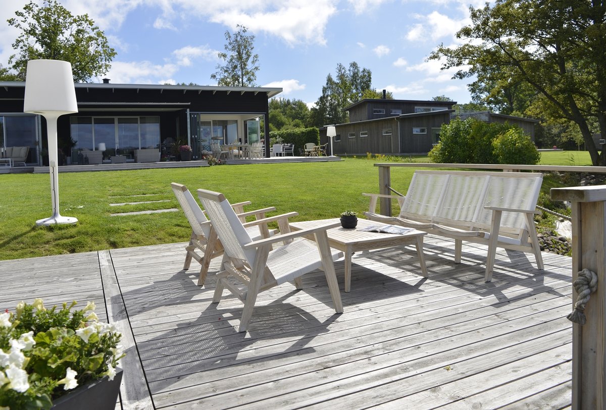 Wellington 3-Sitzer Sofa Teak whitewashed mit Spaghettigeflecht weiß