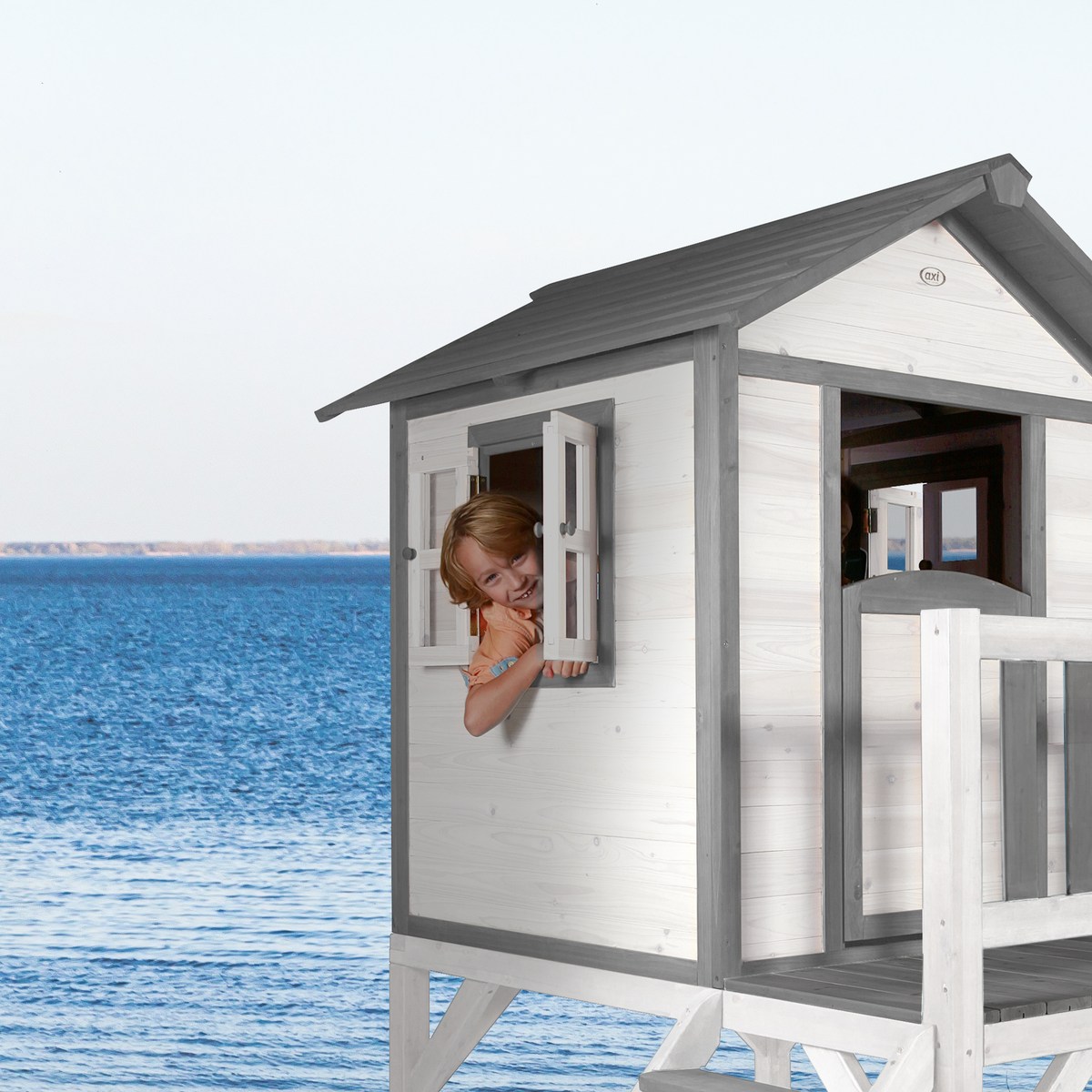 AXI Kinderspielhaus Lodge XL grau/weiß mit Rutsche weiß