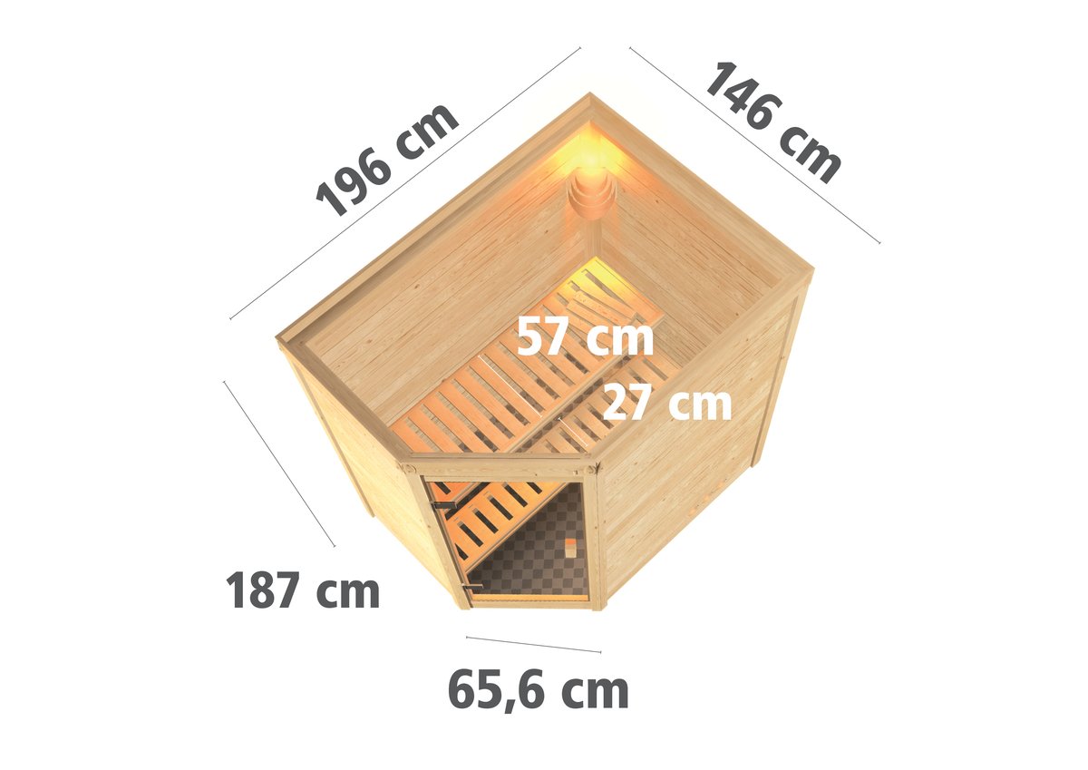 Karibu Sauna Jella - 195 x 145 cm, 38 mm WOODfeeling, ohne Kranz|ohne Ofen