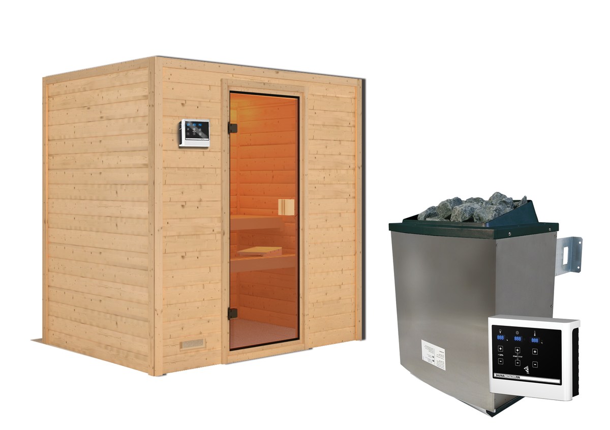 Aktionssauna Bergen 1 - 196x146 cm, 38 mm Massivholz|Set-Ofen 2