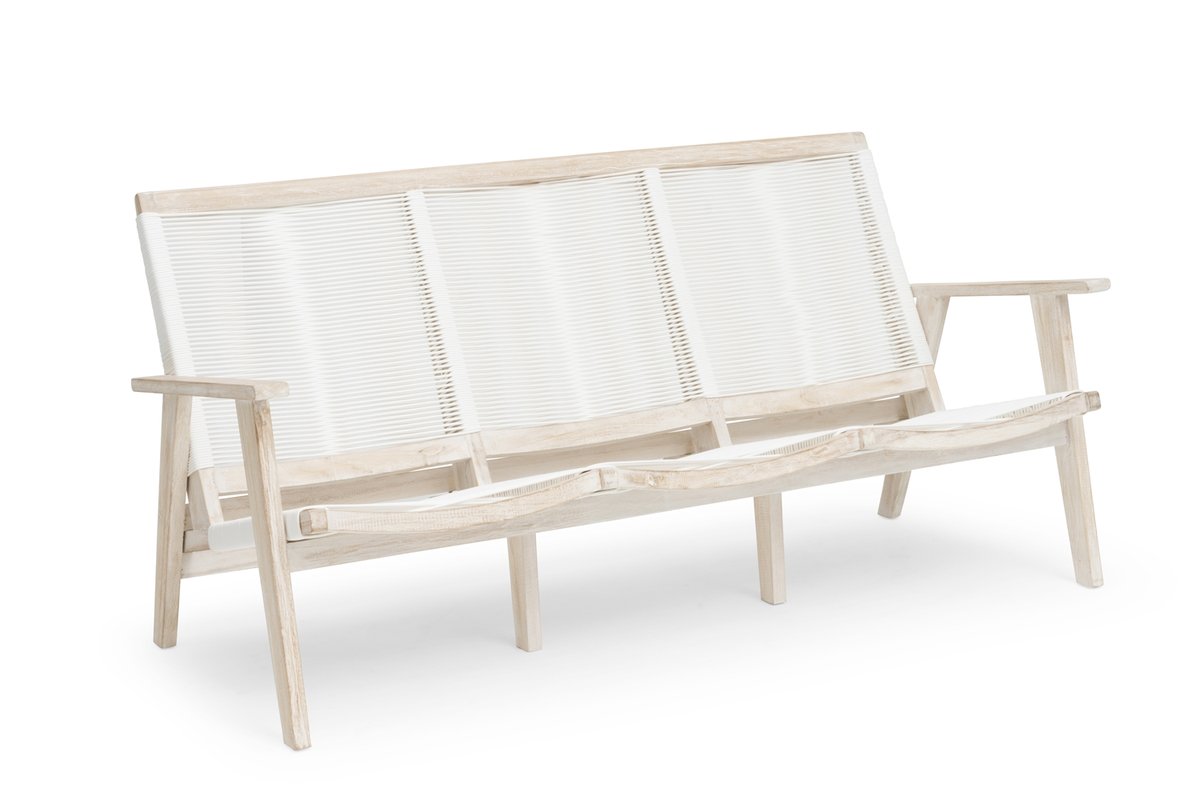 Wellington 3-Sitzer Sofa Teak whitewashed mit Spaghettigeflecht weiß